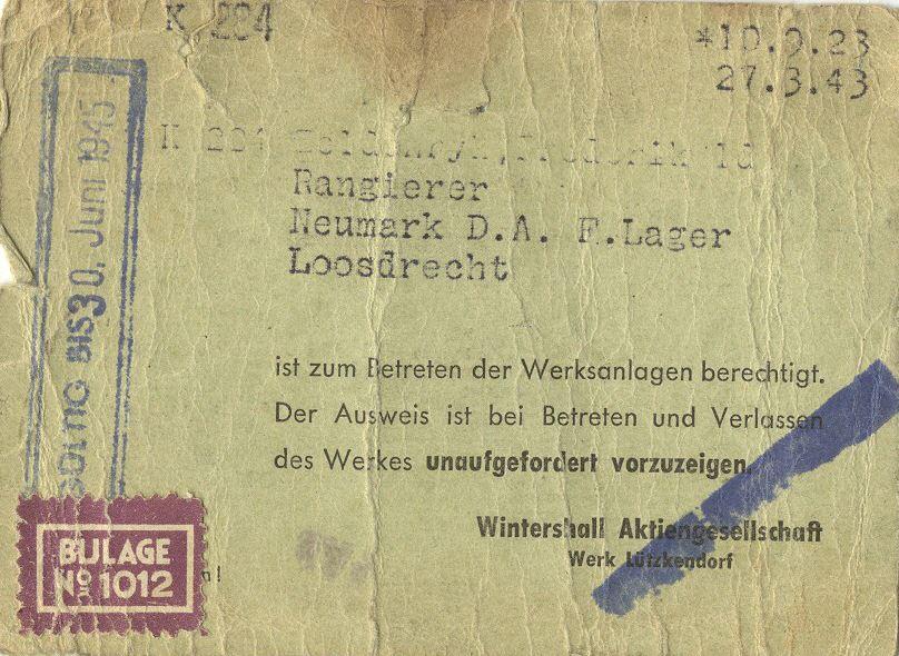 Werksausweis eines niederländischen Fremdarbeiters