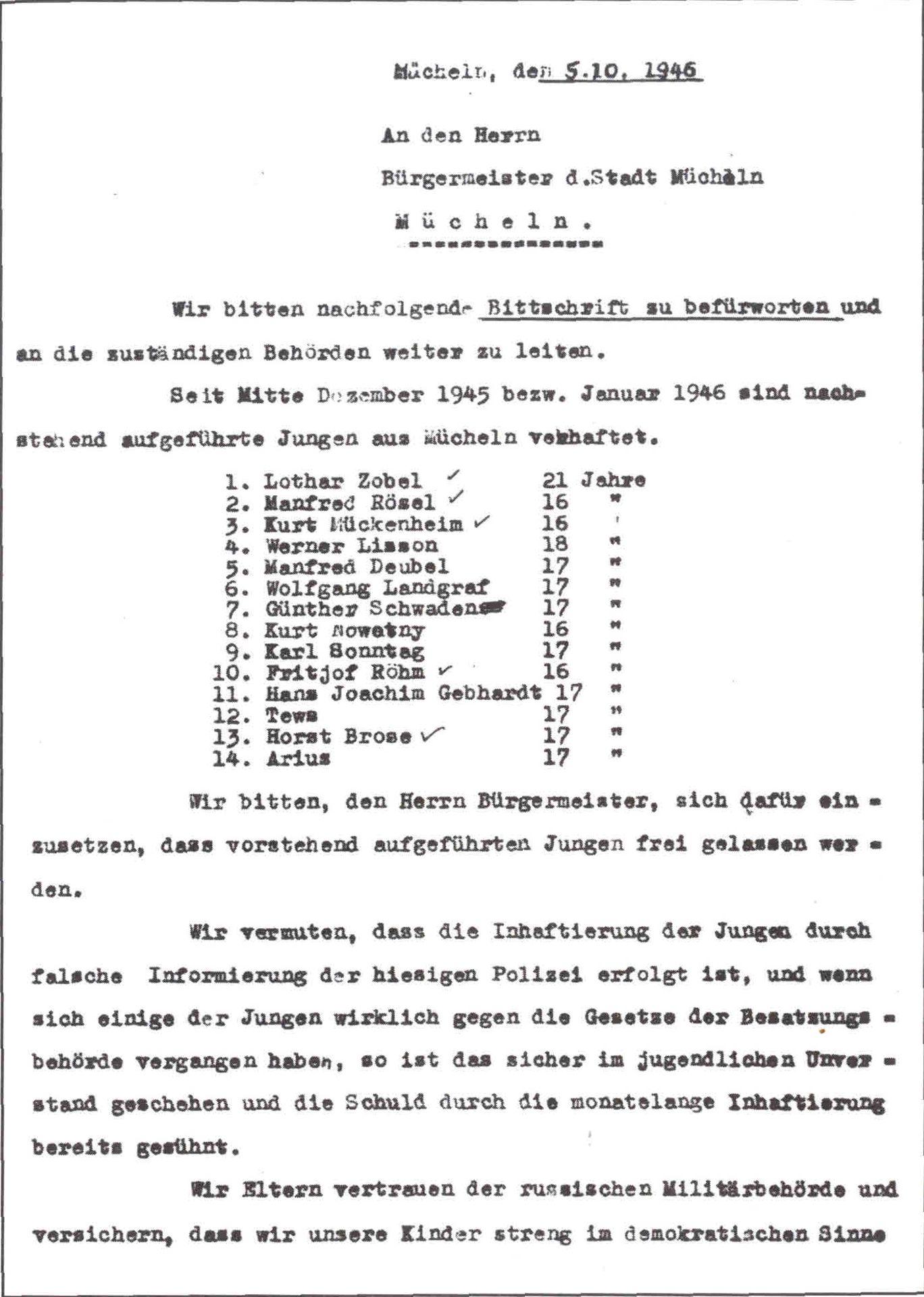Bittschrift an die Stadt Mücheln von Fr. Sonntag
